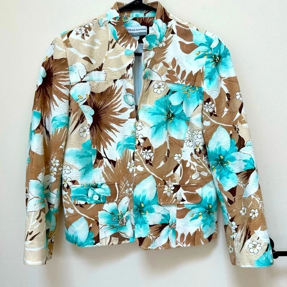 Alfred Dunner Full Zip Jacket Blazer Santa Rosa Aqua‎ Floral Leaf Summer Sz 8 P